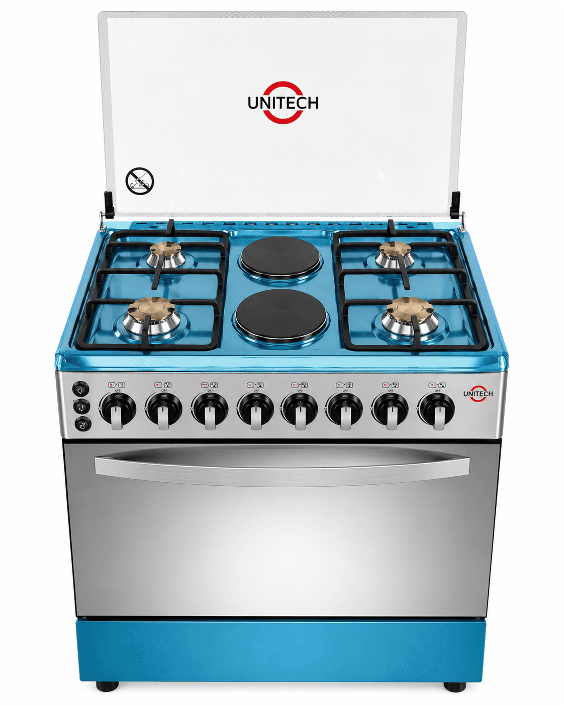 Unitech 60x90 Freestanding Gas Cooker with 4 Gas Burners and 2 Electric Hotplates – Stainless Steel Cooker with Large Oven