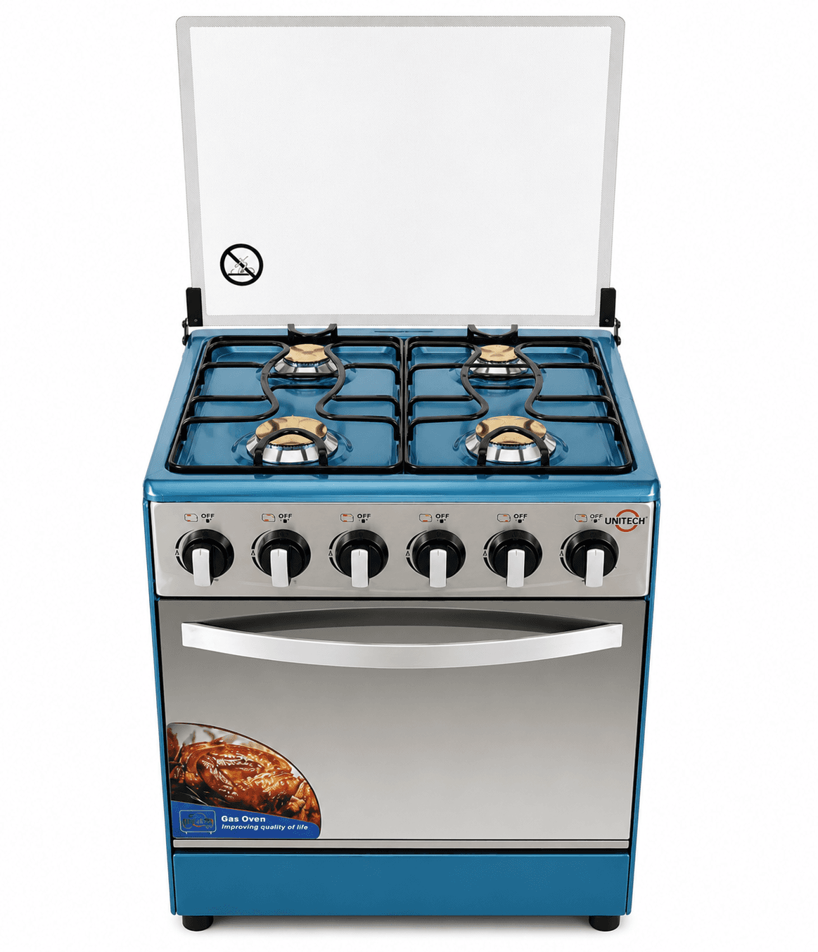Unitech Silver 5055 Full Gas Freestanding Cooker with Oven – 4 Gas Burners, Jet Auto-Ignition, and Glass Lid