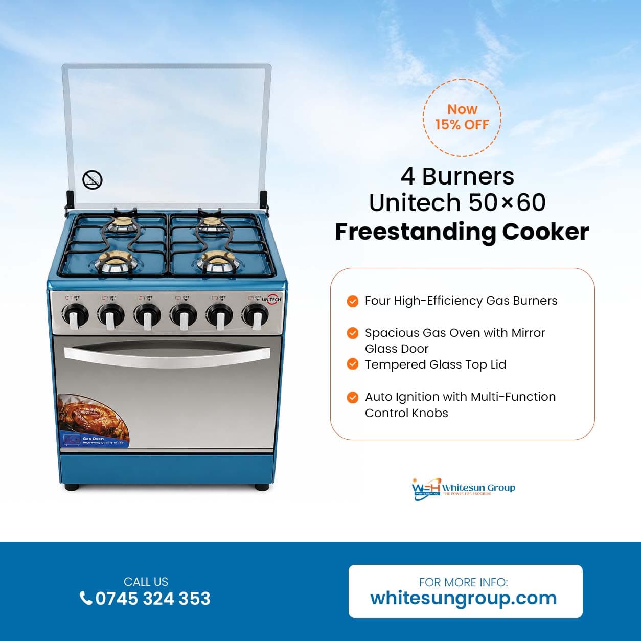 Unitech Silver 5055 Full Gas Freestanding Cooker with Oven – 4 Gas Burners, Jet Auto-Ignition, and Glass Lid Thumbnail 2