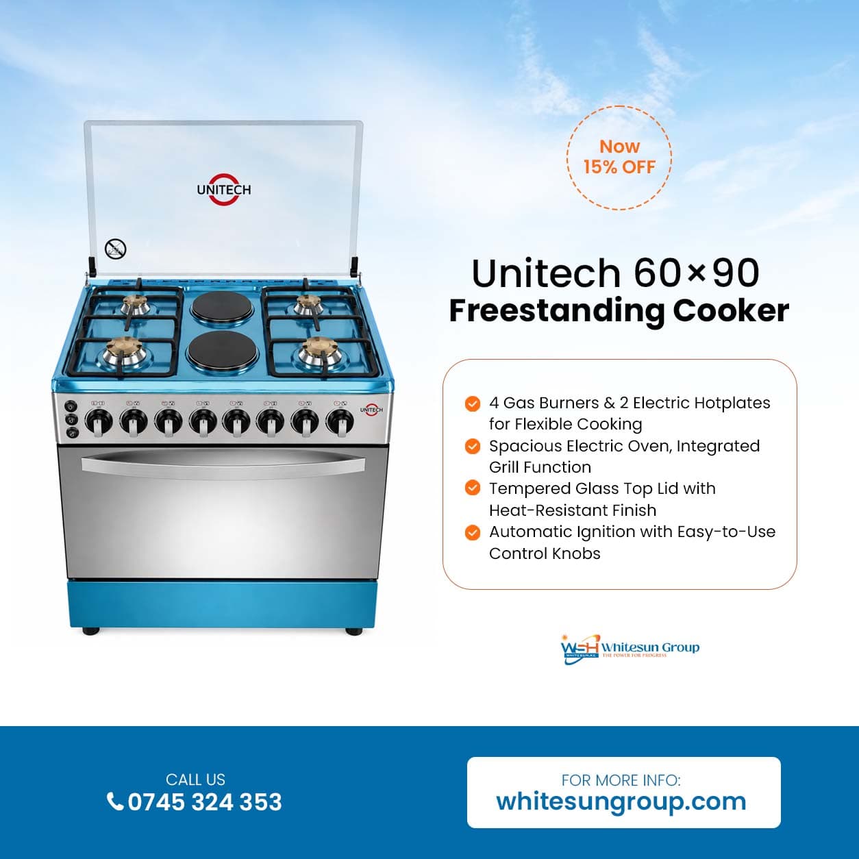 Unitech 60x90 Freestanding Gas Cooker with 4 Gas Burners and 2 Electric Hotplates – Stainless Steel Cooker with Large Oven Thumbnail 2